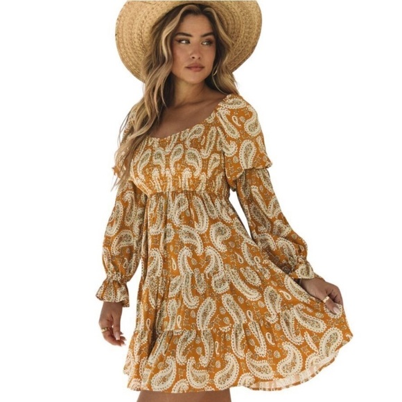 Yellow Sunny Bohemian Bliss: Paisley Long Sleeve Floral Dress size Large NWOT - Picture 4 of 14